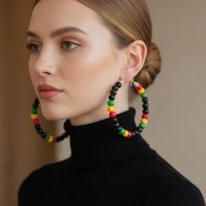 Large wooden hoop earrings, brown and black beaded hoop earrings.  7 cm